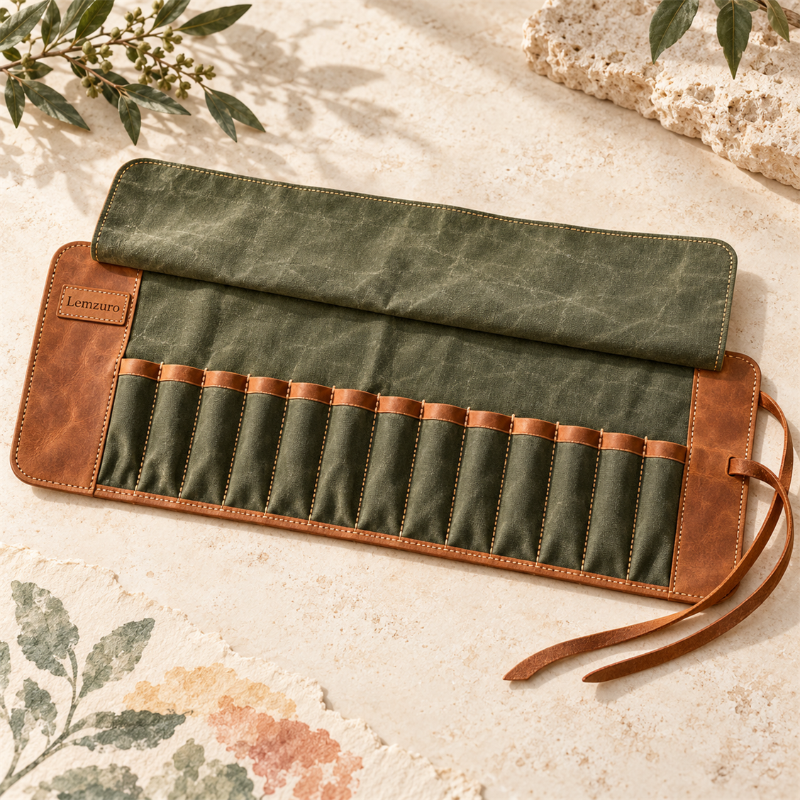 Lemzuro Roll-Up Brush Case detail and room view